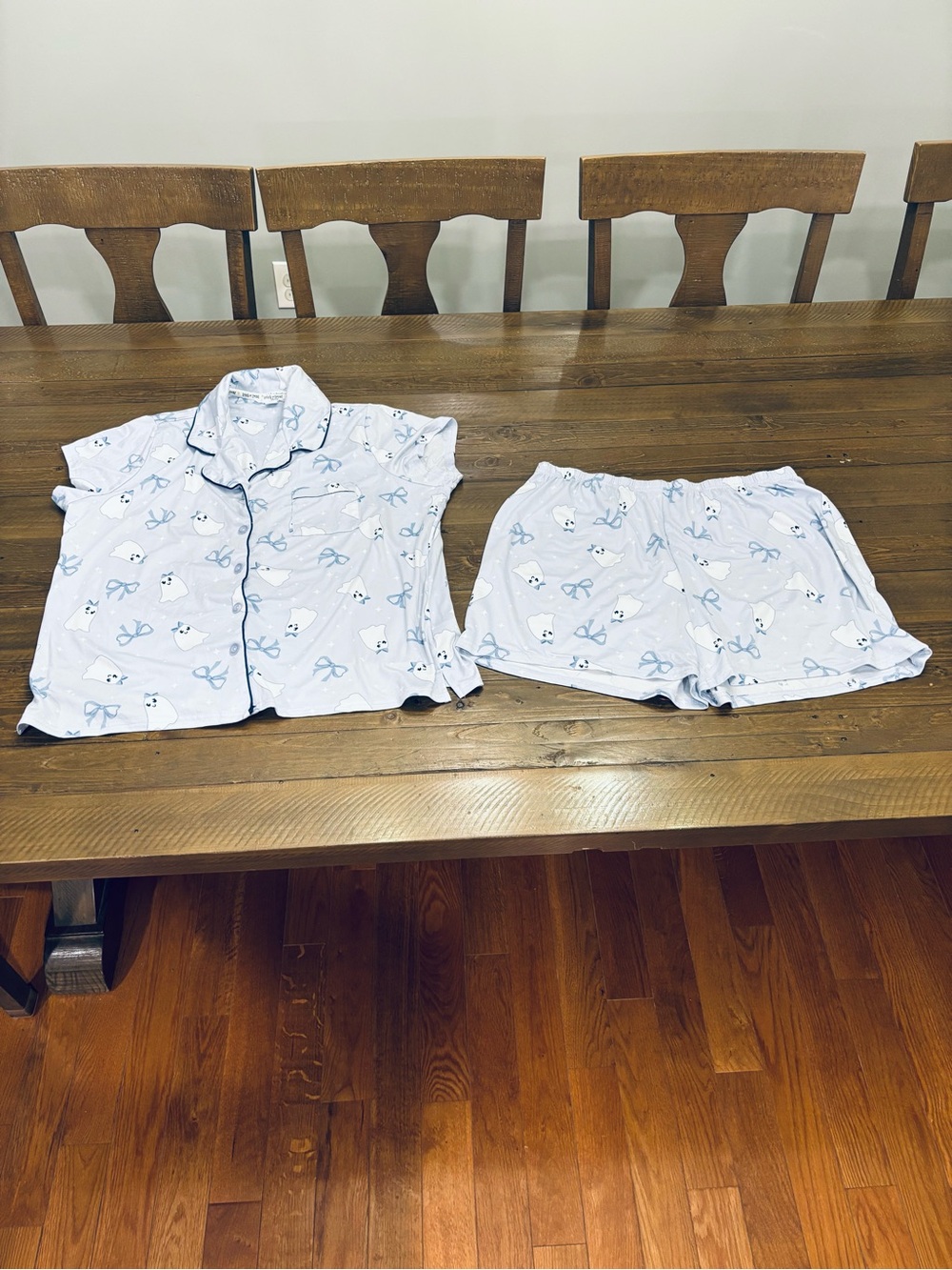 Trick or Treat Sleep Light Blue Short Sleeve Pajama Set with Bow & Ghost Print